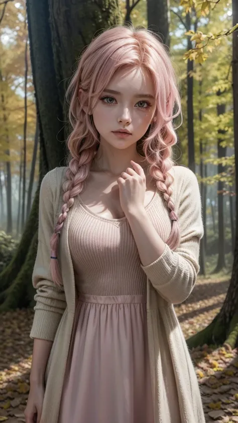 score_9, score_8_above, score_7_above, (masterpiece, Ultra HD, 8k, 16k, Ultra Detailed), sfw, aboveperbody shot, 1 , goblin, pink eyes,  hair braided on one side , pink hair,  holding a pink leaf , pink hooded dress ,  Intricate Details, (leaves muttering ...