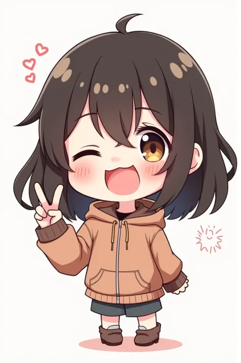 A chibi-like drawing of a young, semi-brown skin with semi-long hair with dark circles under the eyes and making a peace sign with one hand 