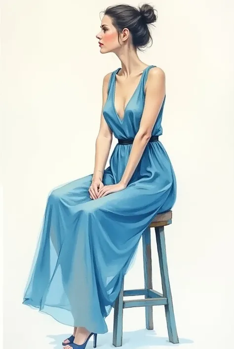 painting of a woman sitting on a stool in a blue dress, a gouache by Miroslava Sviridova, trending on cg society, figurative art, solo portrait 🎨🖌️, loose watercolor drawing, pen and watercolor, leaning towards watercolor, watercolor sketch, gouache and in...