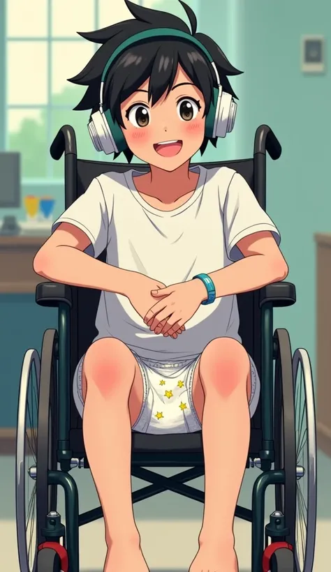 Boy 21 years old ,  In a Wheelchair,  black disheveled hair t-shirt,  pampers diapers with little stars, hunter x hunter ,  retro headphones , happy face, brazos cruzados, showing her feet,  Anime style, 2d art.