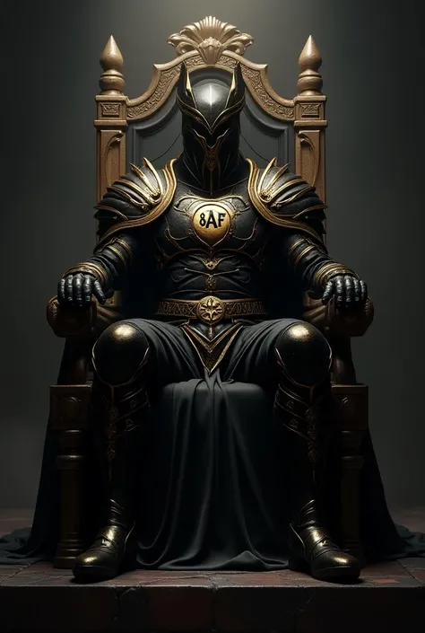 Black and Gold Ranger with the word 8AF on his chest sitting on a throne in a villain pose