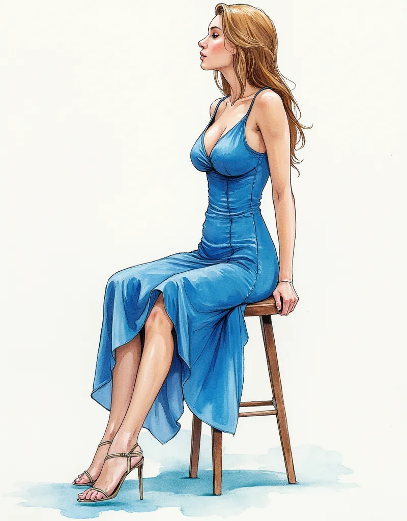 painting of a woman sitting on a stool in a blue dress, solo portrait 🎨🖌️, loose watercolor drawing, pen and watercolor, leaning...