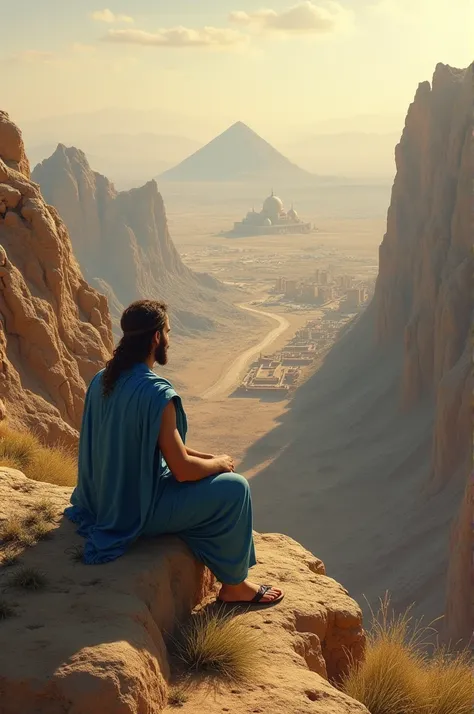 Daniel, wearing the same blue tunic and sandals, sitting on a mountain ,  with a view of the ruined city of Babylon in the background, as he watches the rise of the Persian Empire in the distance .