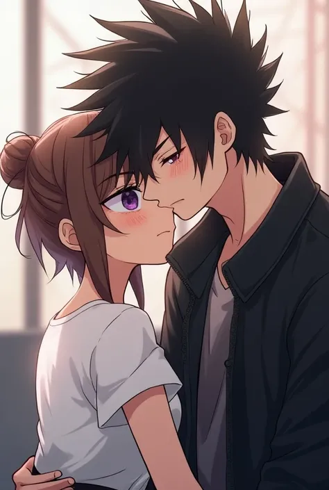 anime boy (((   spiked hair  ,  black hair  , Black jacket  ,  red eyes  , narrow-eyed  , beautiful ))) ,  anime girl (((  purple eyes  ,  brown hair  ,  tied single bun hair style ,   ,  t-shirt in white  ))) , Matured , (((sex))), Theyre having sex 