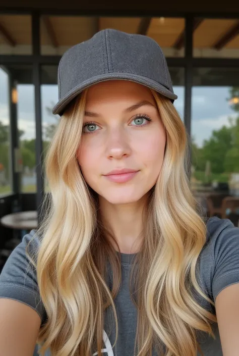  beautiful blonde woman ,  Coffee Shop Environment, gray cap ,  perky tits, t-shirt, Selfie, looking at me