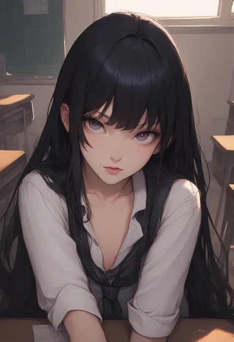 Very Cute Goth Girl, Black hair, Long hair with bangs, collarbone, school uniform, sitting on desk, looking viewer