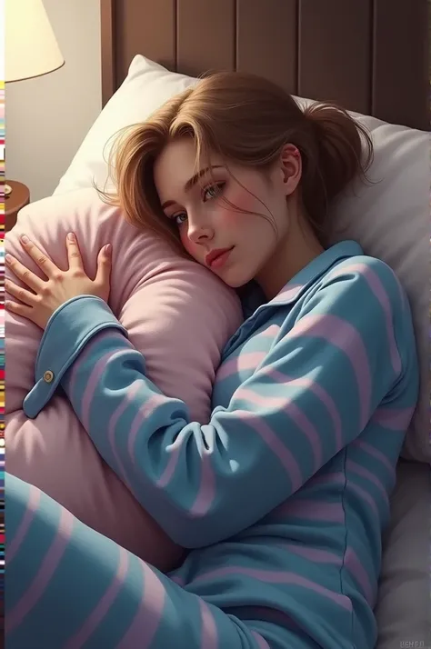 Diana League of Legends, lying down, wearing blue and pink striped pajamas, hugging a pillow