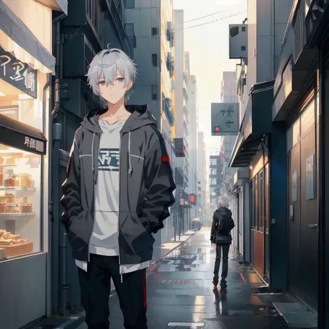  anime style image of a man standing in front of a cafe, Gray-haired, Girls Frontline Style, clean and detailed anime style ,  visual of cute anime boy ,  silver hair (Short Hair), Gray-haired, perfect Gray-haired boy,  silver haired, Gray-haired男の子,  youn...