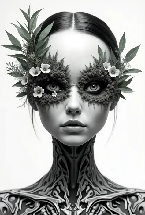 create a character, that represents mother earth that has a robotic part on its face, His eyes are rags for plants, surrounded by many other silver ones in black and white style as for a tattoo, The eyes are clothed with flowers and it has a robotic part