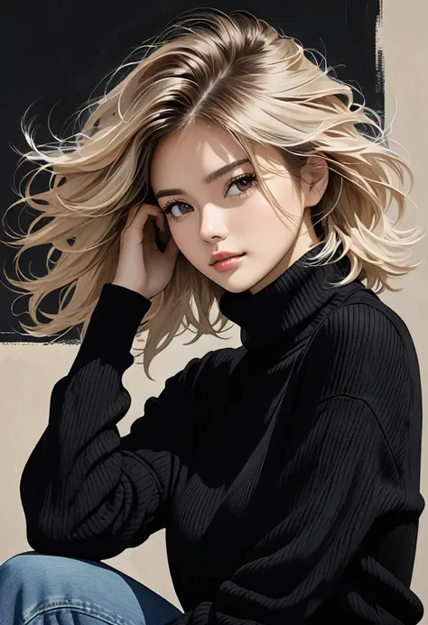 The image depicts a person with light-colored, tousled hair, striking a casual pose with one hand resting on their head. The person is wearing a dark turtleneck sweater, which adds a sophisticated touch to their appearance. The background is a solid black,...