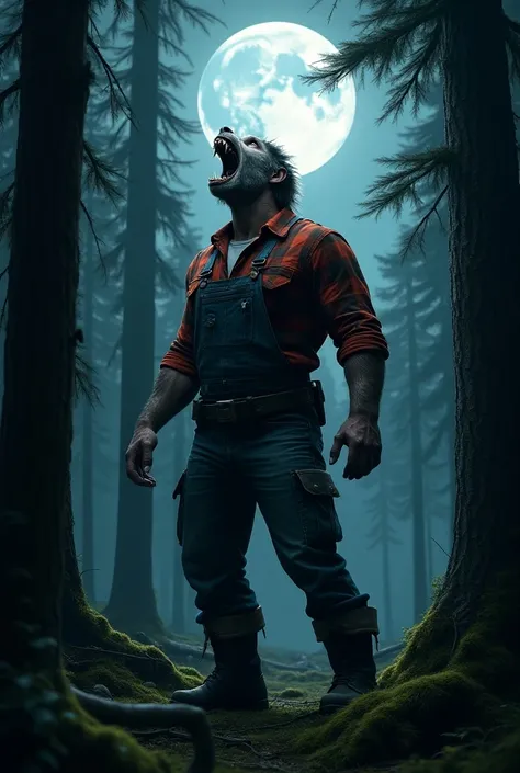 A lumberjack, while cutting down trees in the forest, suddenly stops, looks at the moon and his body transforms into that of a werewolf.