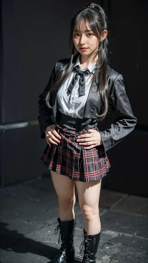 (8k、raw photo、best quality、masterpiece:1.2)、(realistic、realistic)、1 person、((black dress、long coat、 plaid mini skirt 、 big breas...