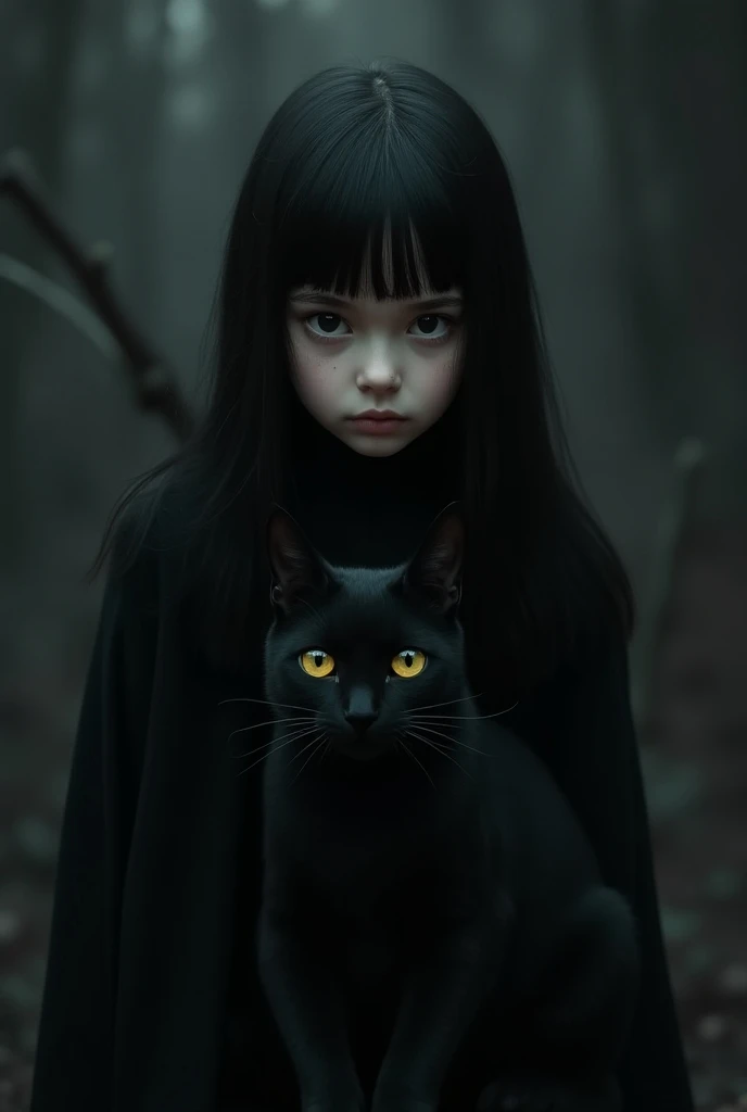 Black cat with a dark girl with straight black hair with big eyes