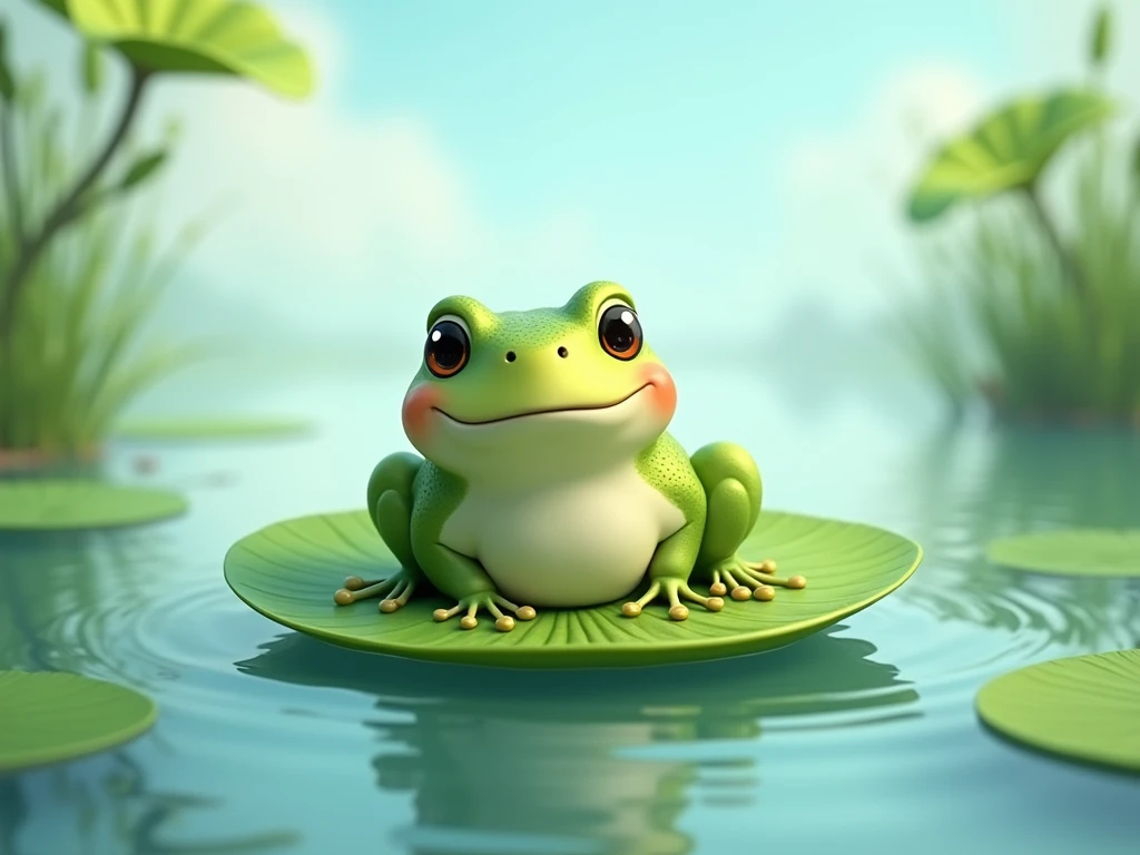 a cute frog sitting on a leaf in the pond 