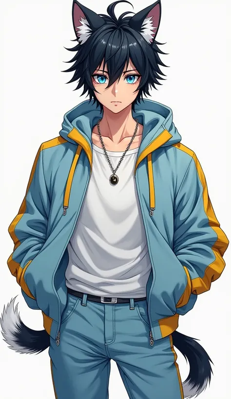 Realistic manga style full body image , of a handsome boy , White,  half human and half feline , with neck-length hair and black and white locks and, blue eyes,  fit physical with a leadership eye, Wearing American street dance clothes, in light blue color...