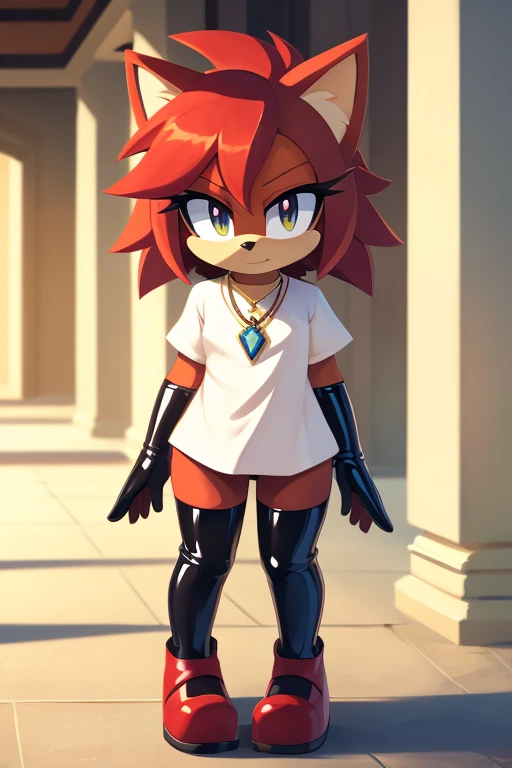 2d, masterpiece, best quality, anime, highly detailed face, highly detailed eyes, highly detailed background, perfect lighting, 1girl, solo, full body, standing, latex legwear, white shirt, red hair, amulet female furry fluffysonic style