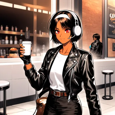  girl with headphones, drink coffee while listening to jazz,relaxing
Red eyes , Dark Skin Tone,  black short hair, ((  Black Leather Jacket with Rolled Arms )), ((white headband)),  open jacket ,  white t-shirt, Fingerless gloves, Brown Belt,  black pants