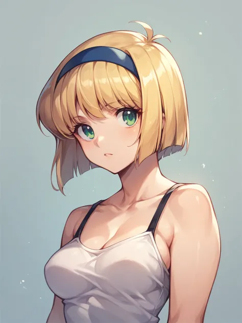 hosokowa_miki, blonde hair, short hair, green eyes,medium breasts,