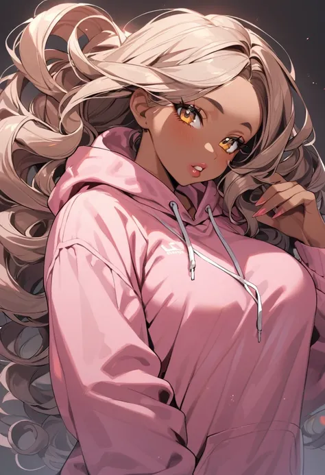  a woman with brown skin with long curly hair,  golden eyes, Big lips and with a big pink hoodie.