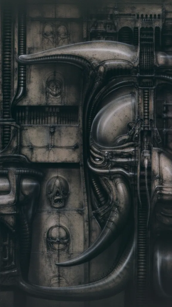 h. r. giger's g1g3r, , giger_style,  , the image is a detailed view of h.r. giger's \" alien iii  \" plate, featuring hrggr, h.r...