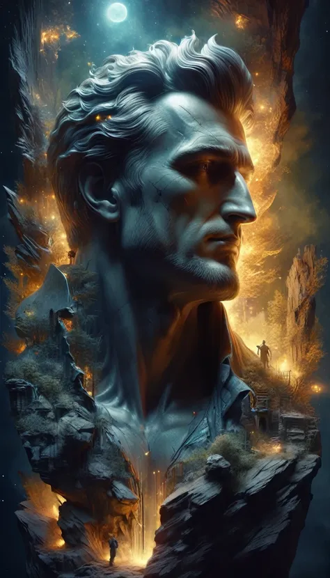  Theres a huge statue of a man， Theres a face in it ,  Philip Hodas art style , bipur e greg rutkowski, ,  Matter of the human soul , Sylvain Sarai e Igor Molsky,  Yuri Shudorf and Tom Bagshaw , bipur art , realism | bipur