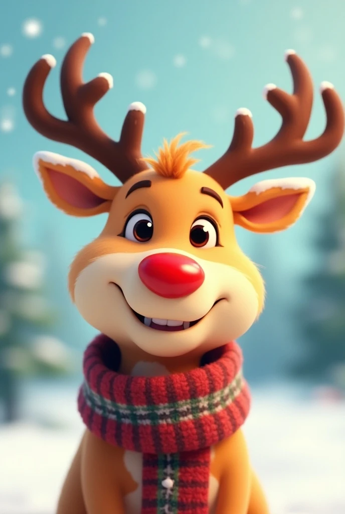 Animated 2d red-nosed Christmas anthropomorphic reindeer with scarf 