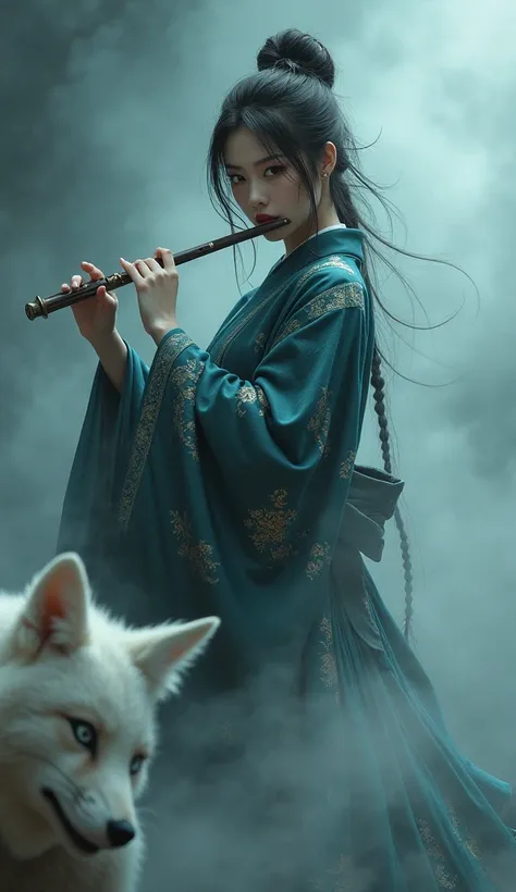 The enigmatic samurai woman (Musashi Miyamoto) playing the flute, Enveloped in the mist that obscures vision, Revealing a vivid and otherworldly scene, hazy background, Mysterious Background, The white foxs sharp gaze met the viewers., A layer of ethereal ...