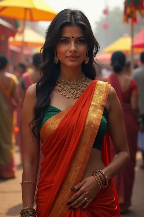 42 years South Indian fair lady with good breast and curvy hip in saree wearing sleeveless blouse with sexy look