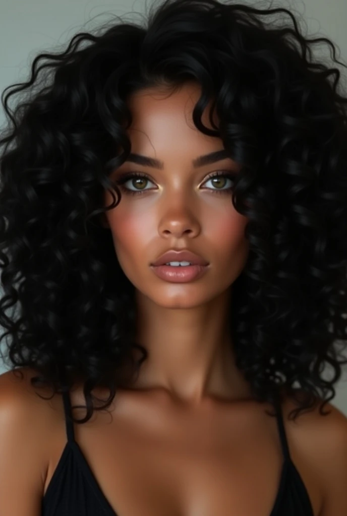  Large full voluminous black hair 80 cm long with the volume of a car ,  brown gray blue crystalline green eyes attractive like Adriana Lima,tanned brown skin ,cara neutra,small thin nose, Very small and cute face like an  teenager, curly hair, face 