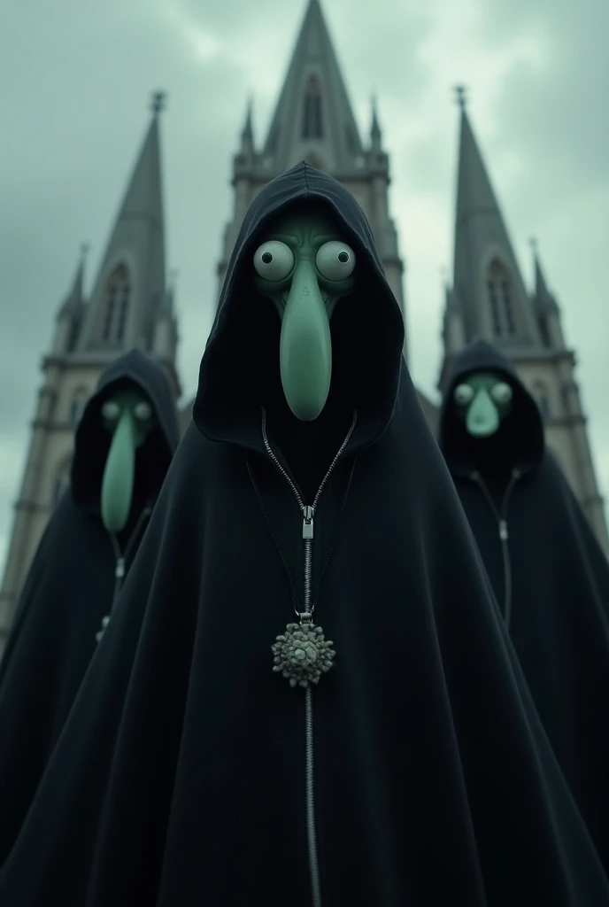 A dark, surreal scene featuring a hooded character resembling Squidward from SpongeBob SquarePants, set against a dramatic, gothic backdrop. Squidward wears a black, hooded robe with a long silver zipper and an ornate pendant, exuding a mysterious, cult-li...