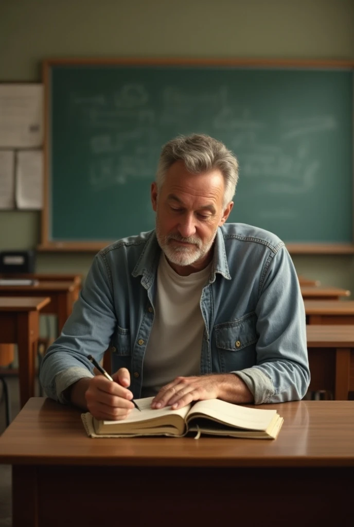 Create a picture of a real American  holding and reading a notebook in the middle of the classroom