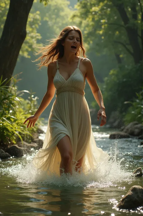 Can i get a ai generated picture of daphne the nymph standing oustside beside the water seeing the waters of her fathers river and screaming for help as apollo tries grabbing her but hes far away 