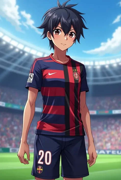 A anime character wearing a football kit which is half of 
" Barcalona " kit and half of " AC Milan " kit
