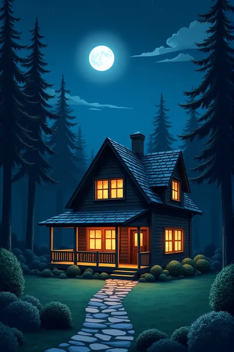 This image is a digital illustration of a beautiful nighttime scene of a house in the forest. 🌌 The house is a two-story wooden structure with a sloping roof and a chimney at the front. 🏡 It features multiple windows and a porch with railings. 🌙 The sky is...