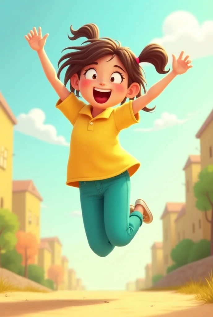 Girl in yellow polo with turquoise sleeves and turquoise pants jumping, cartoon 