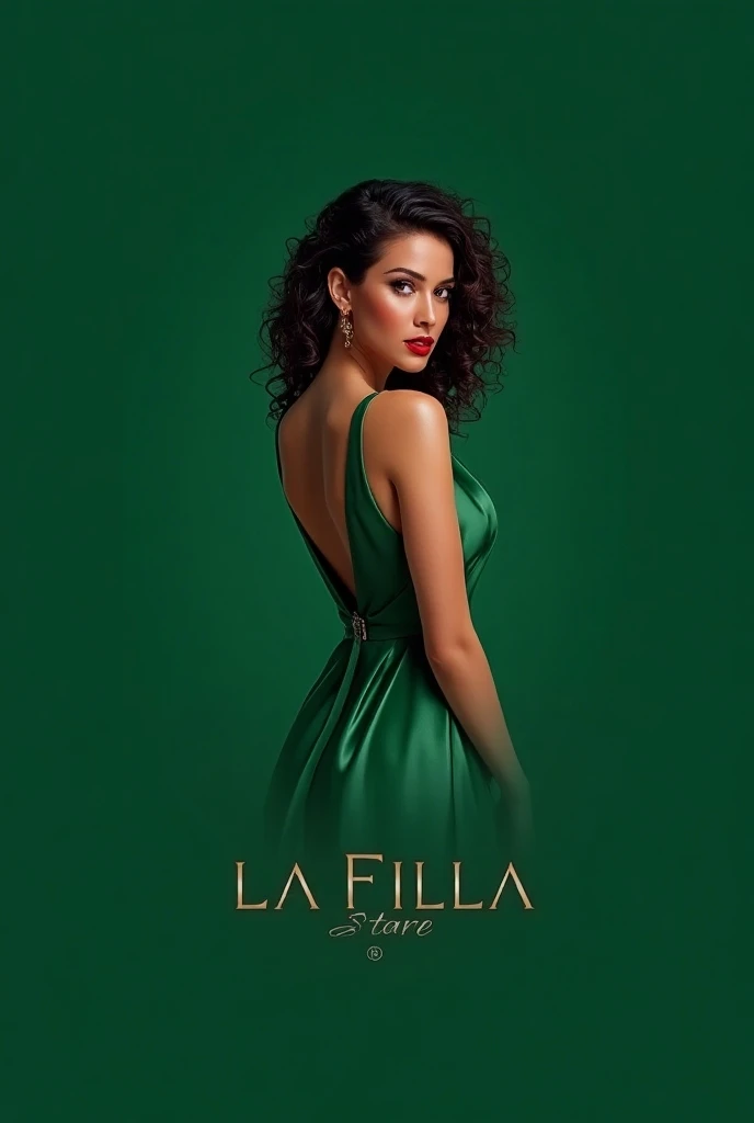  Make a logo for an online clothing store name lafilla store in the middle is a beautiful elegant girl with curly hair emerald background, the girl on black is very beautiful standing sideways in the middle the name of the mazagina