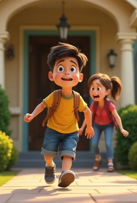 Create a Pixar-style image,  of a young boy leaving home with a determined expression with wide steps . Behind him,  a young woman is clinging to his feet ,  trying to prevent it from going away ,  with a comical and exaggerated expression of despair ,  ty...