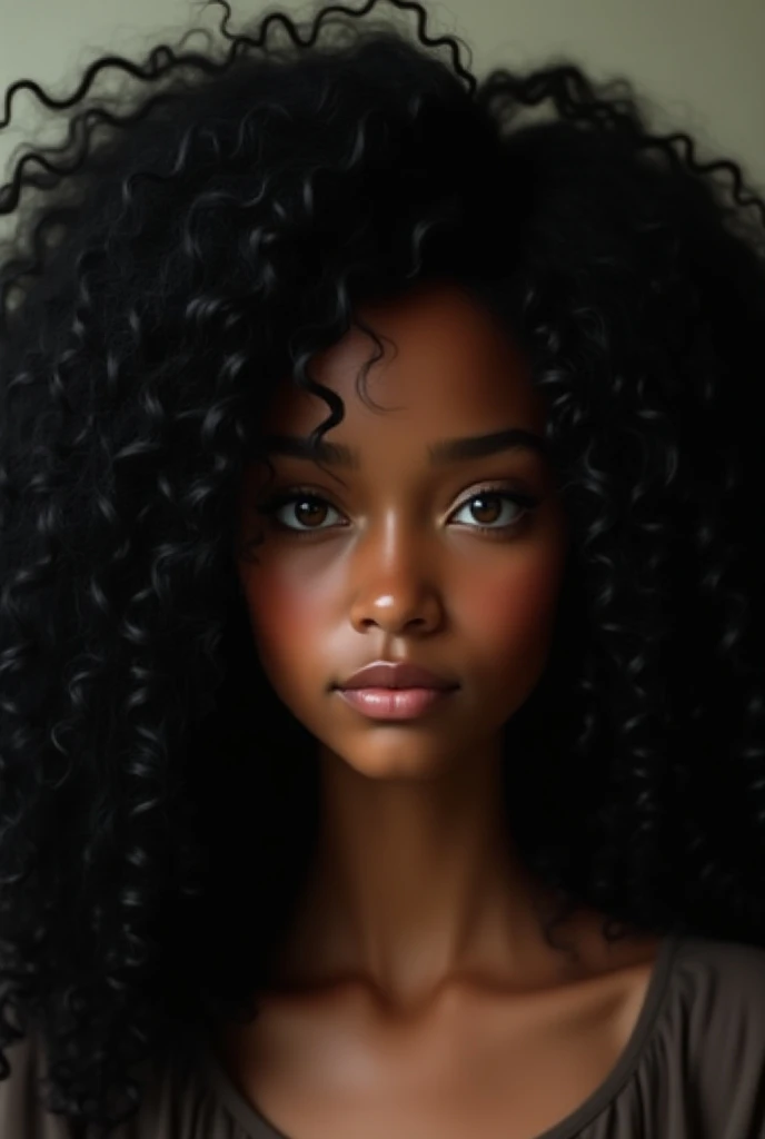  Large full voluminous black hair 80 cm long with the volume of a car ,  brown eyes gray blue crystalline green big and shiny ,light brown skin ,cara neutra,small thin nose, small and cute face like a  teenager , curly hair,