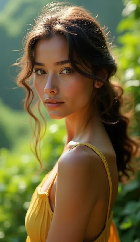 Brazilian woman with fair and tanned skin, slightly wavy brown hair ,  brown and almond eyes , She is in a beautiful landscape 