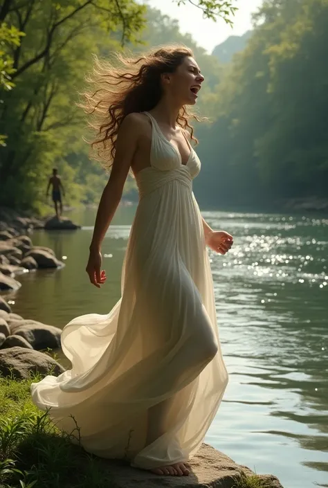 Can i get a ai generated picture of daphne the nymph standing oustside beside the water seeing the waters of her fathers river and screaming angry at the water and looking at the water and apollo is chasing her but hes far away with clothes