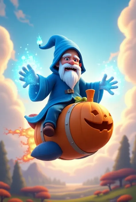 Put the Ice Wizard from Clash in animation, But riding the Clash Royale rocket in animation, Black rocket with a painted pumpkin