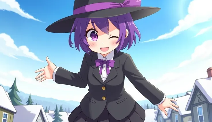 1girl, solo, black hat with purple stripe, black suit, open month, smile, closed eyes, black skirt, bow on hat, bow tie, purple shoulder hair, purple eyes, winter village on background, sunny day