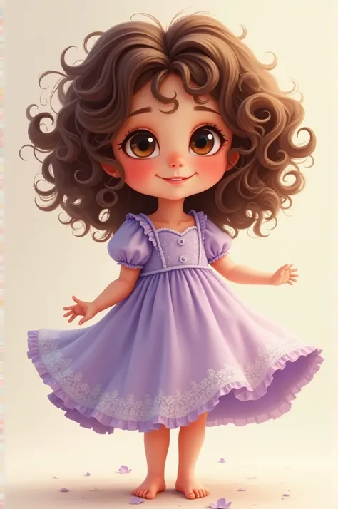 Create cute three-year-old design of curly brown hair with fair skin round and brown eyes using lilas dress full body image