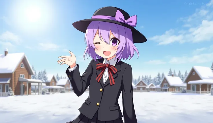 1girl, solo, black hat with purple stripe, black suit, open month, smile, closed eyes, black skirt, bow on hat, bow tie, purple shoulder hair, purple eyes, winter village on background, sunny day