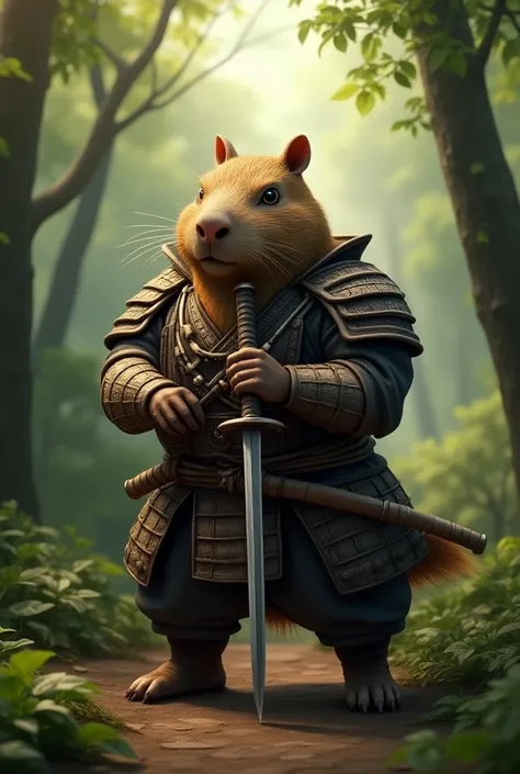 Make a samurai capybara holding a katana in the forest and the capybara has to be in 3D