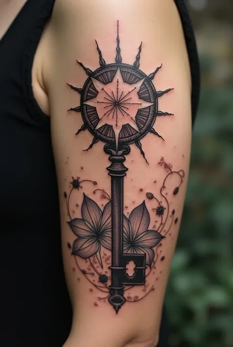 Sun Key Tattoo,  constellation Taurus,  Navigation Compass , with Lily 