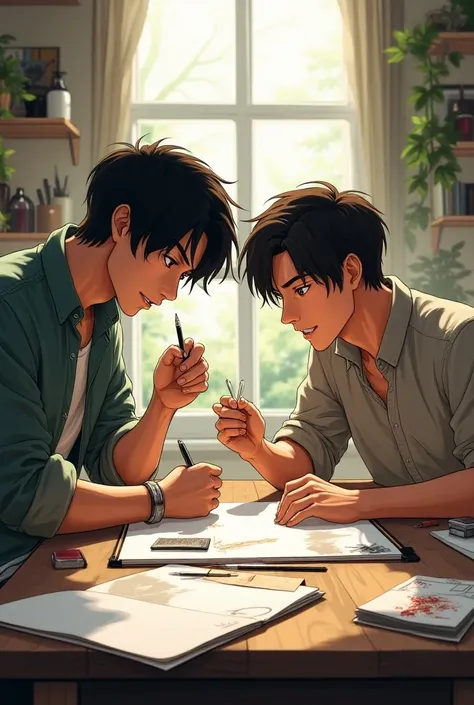 two male character making manga