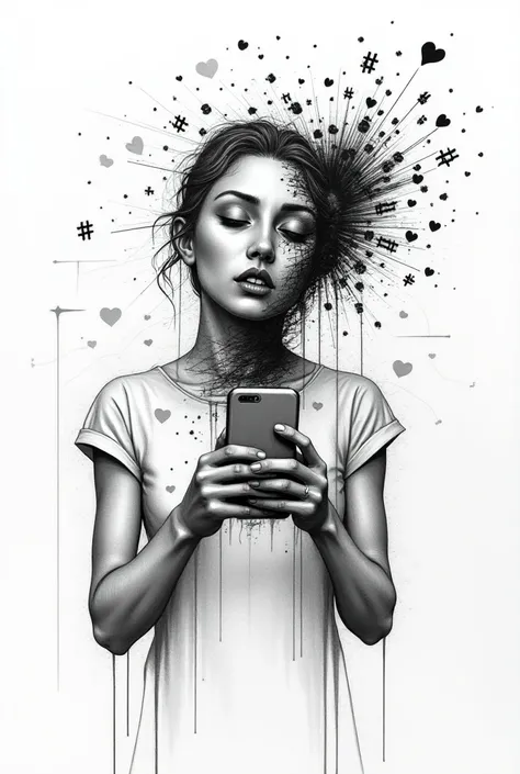 A monochrome ballpoint pen drawing with a contemporary art style, depicting a person emotionally unraveling under the weight of social media. The figure is fragmented, with parts of their face and body breaking apart or pixelating, symbolizing the loss of ...