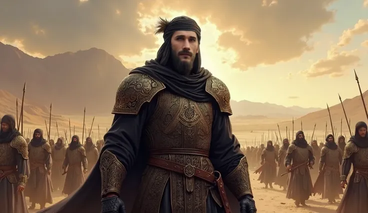 Saladin, wearing black muslim Armor, wearing black turban scarf, Salah Ad-Din swore that he would defeat the enemy, and he was ready to make every effort to fulfill his oath, arabian mythology, scene created in period of Salahuddin Ayyubi 