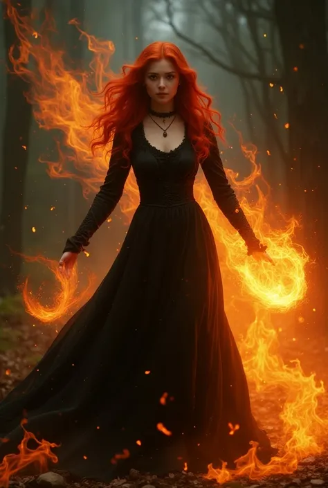 young redhead haired young woman 16 yo in black dress holding a glowing ball of fire, evil fire sorceress in the woods, casting fire spell, the sorceress casting a fireball, casting a fire spell, witch fairytale, female mage conjuring a spell, casting a fl...